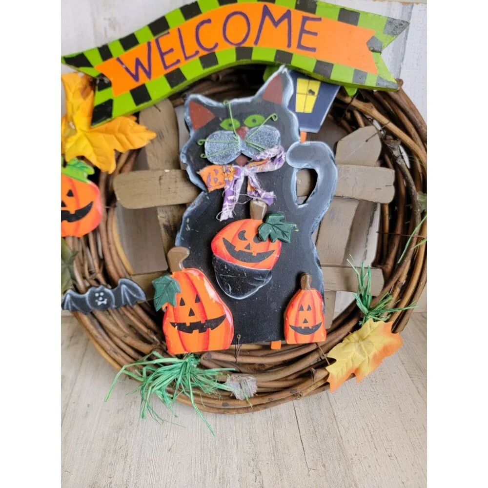 Vintage cat wreath Halloween welcome hanging‎ home decor